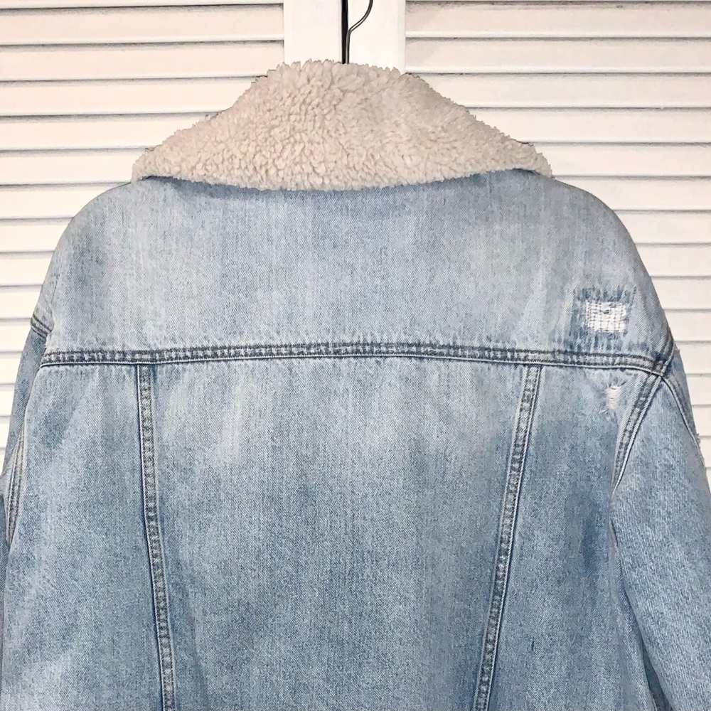 Free People Plaid Lined Denim Sherpa Collar Trucker Oversized Jacket Medium - Picture 9 of 9